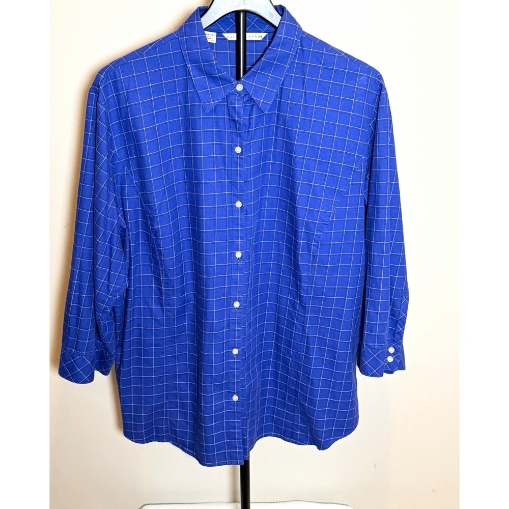 Cutter & Buck Women XXXL Blue Check Cotton Woven 3/4 Sleeve Button-Up Shirt